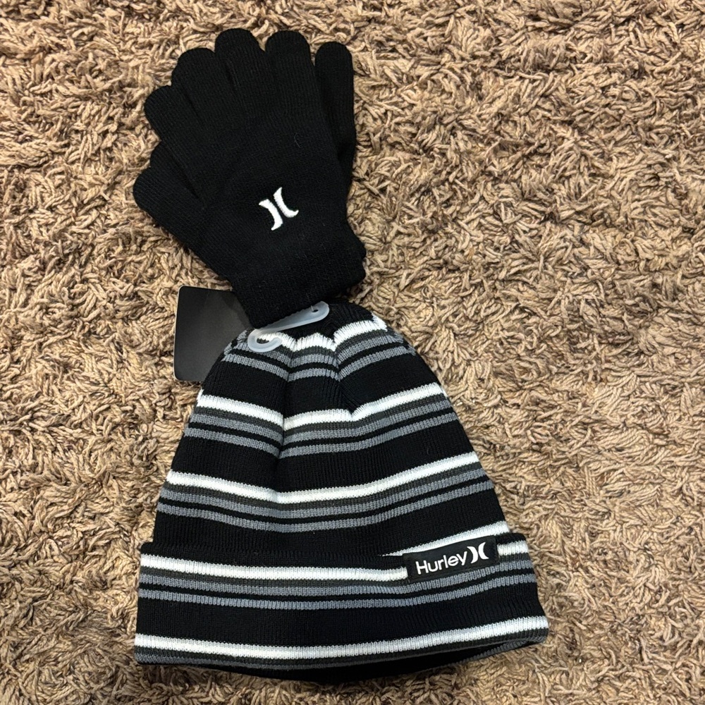 Hurley Black and Gray Striped Beanie and Gloves
